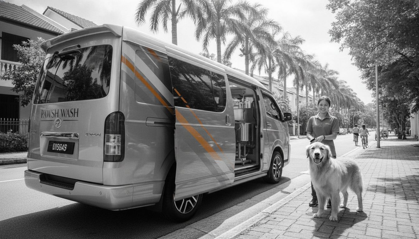 Barks 'nd Bound mobile pet grooming van parked at a residential home in Serangoon