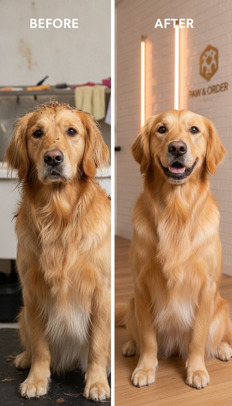 Facebook Reel thumbnail showing a golden retriever grooming transformation at Barks 'nd Bound