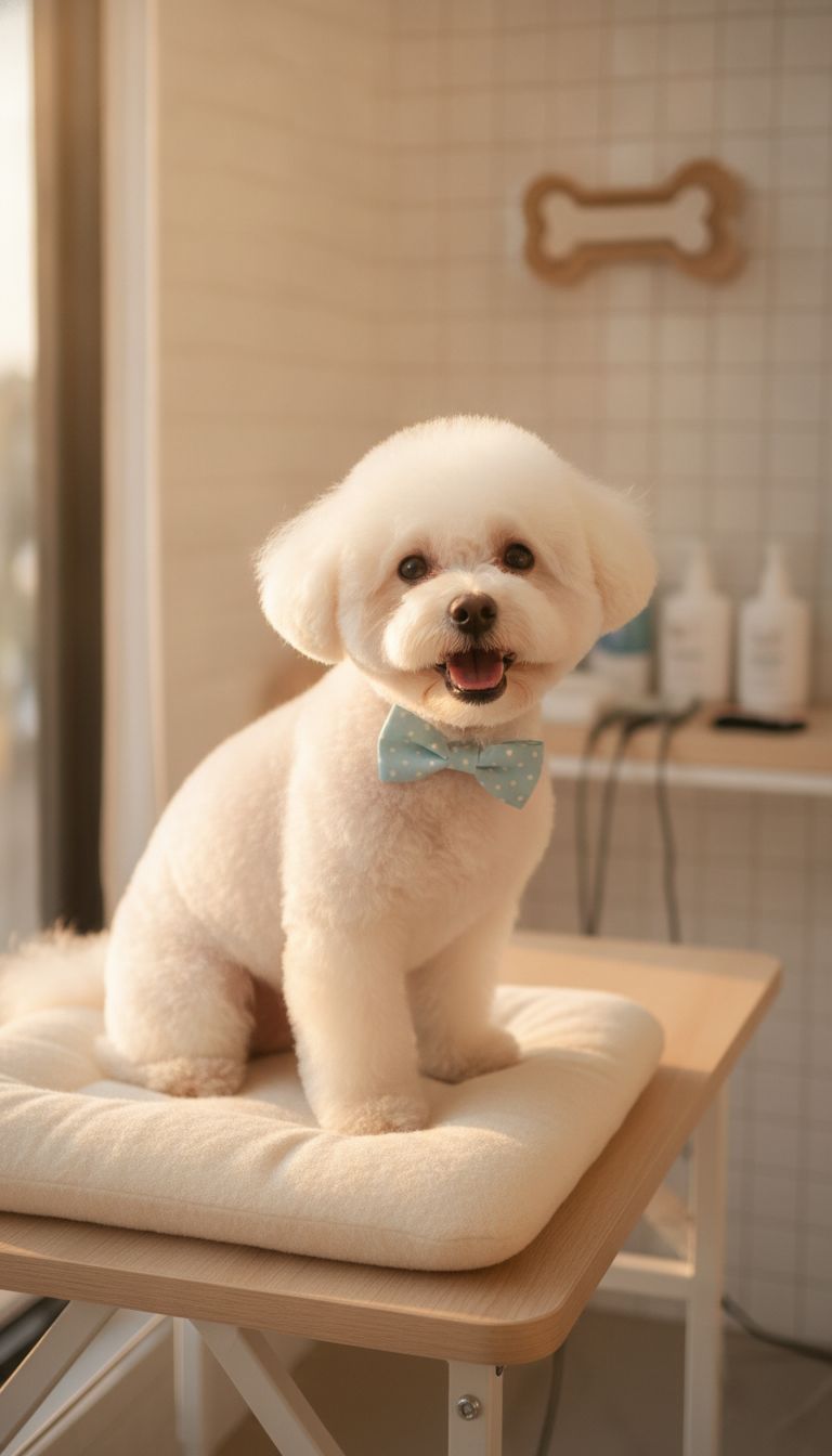 Facebook Reel thumbnail showing a happy groomed fluffy white dog at Barks 'nd Bound